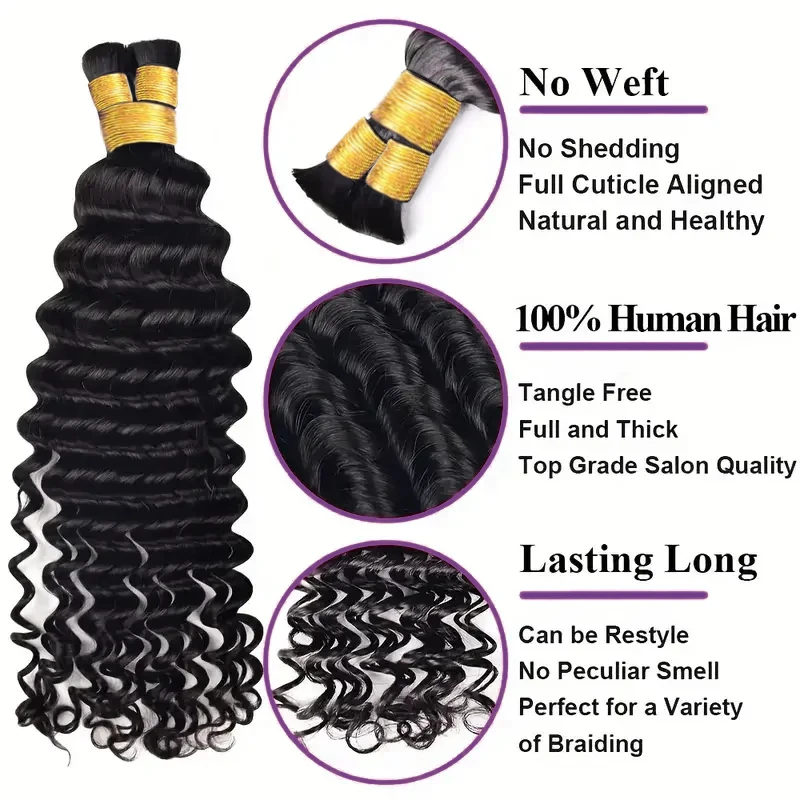 2/3 Bundles Human Braiding Hair For Boho Braids Deep Wave 100G Natural Color 10A Brazilian Virgin  Bulk Human Hair For Braiding