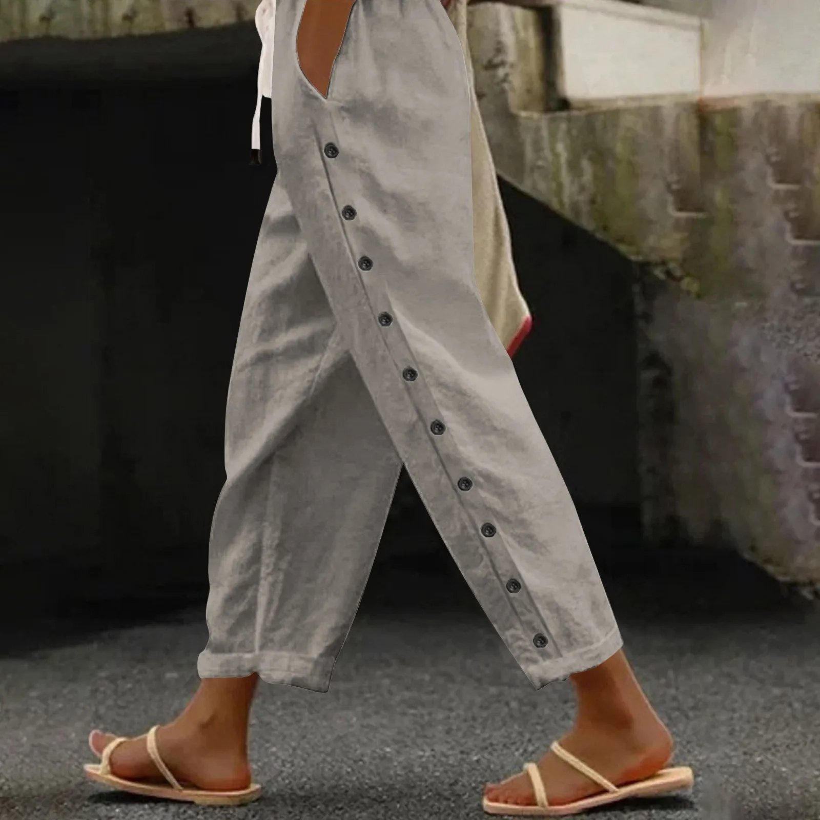 Women's Solid Color Elastic Waist Casual Cropped Pants Loose Side Buckle Decoration Versatile Straight Leg Trousers With Pockets