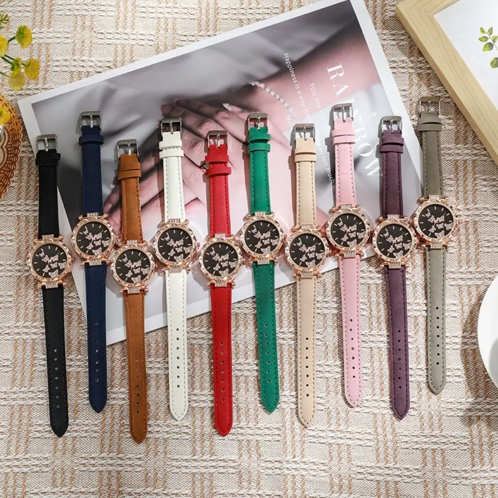 Fashion Leather Women Watches Rhinestone Butterfly Dial Quartz Watch Wristwatches Gift