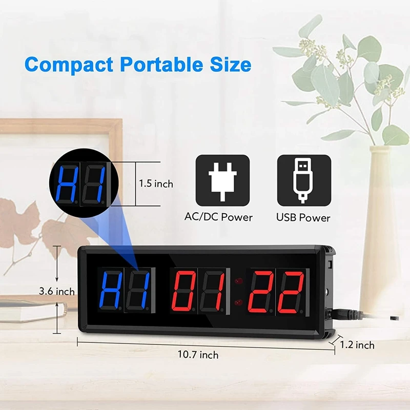 Gym Timer,LED Interval Timer Digital Countdown Wall Clock Fitness Timer,1.5Inch Digits Down/Up Clock Stopwatch For Home