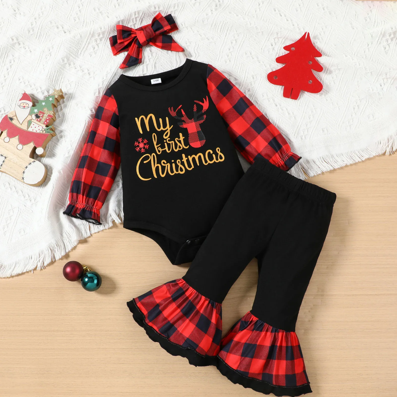 

Baby Girl Outfit Set Long Sleeve Christmas Printed Romper And Pants Comfortable Fashion Plaid Two Piece Set Infant Clothing Sets