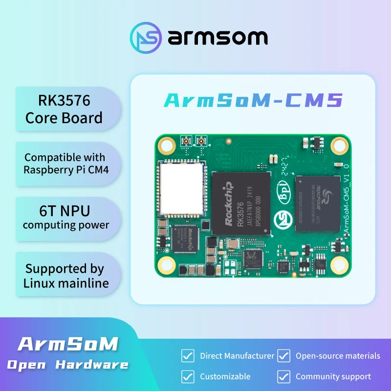 

ArmSoM-CM5 макетная плата, Rockchip RK3576, 8 ГБ ОЗУ, 64 ГБ eMMC, LPDDR5, WiFi, Bluetooth-замена Raspberry Pi CM4