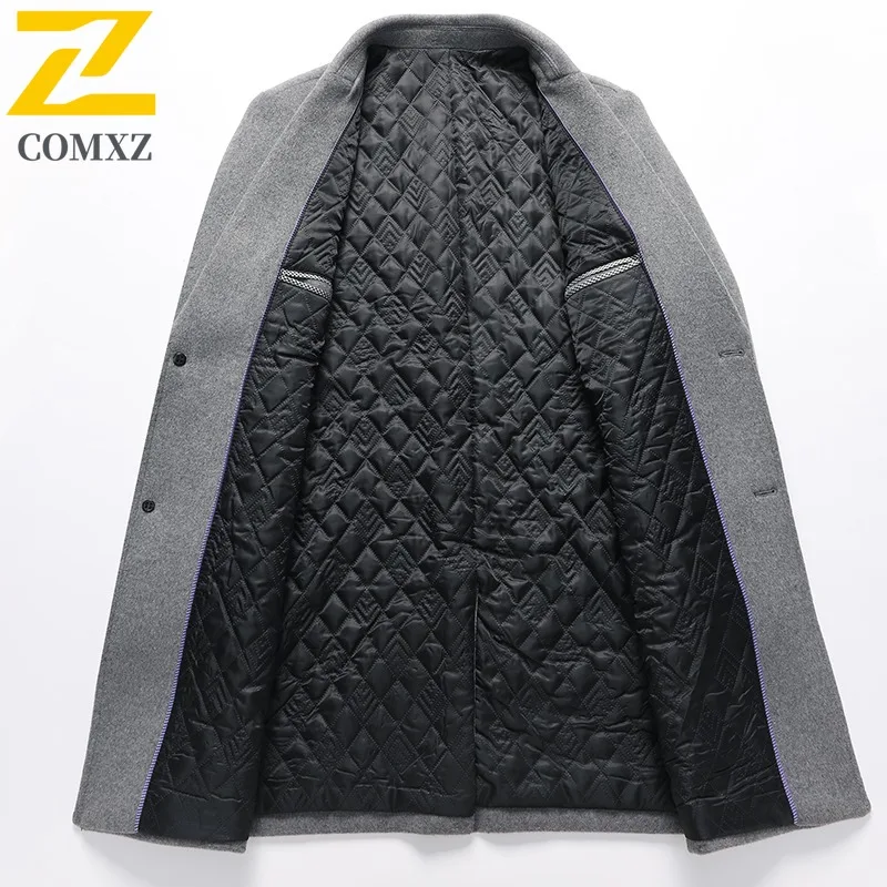 COMXZ 2025 Men Wool Coat Winter Padded Thick Long Tweed Jacket Fashion Casual Suit Collar Solid Trench Coat Trendy windbreaker