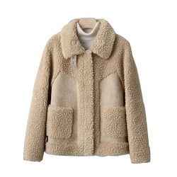 Cappotto invernale corto in lana d'agnello donna 2023 giacca in Shearling granulare di nuova moda colletto rovesciato tasca con cerniera capispalla femminile