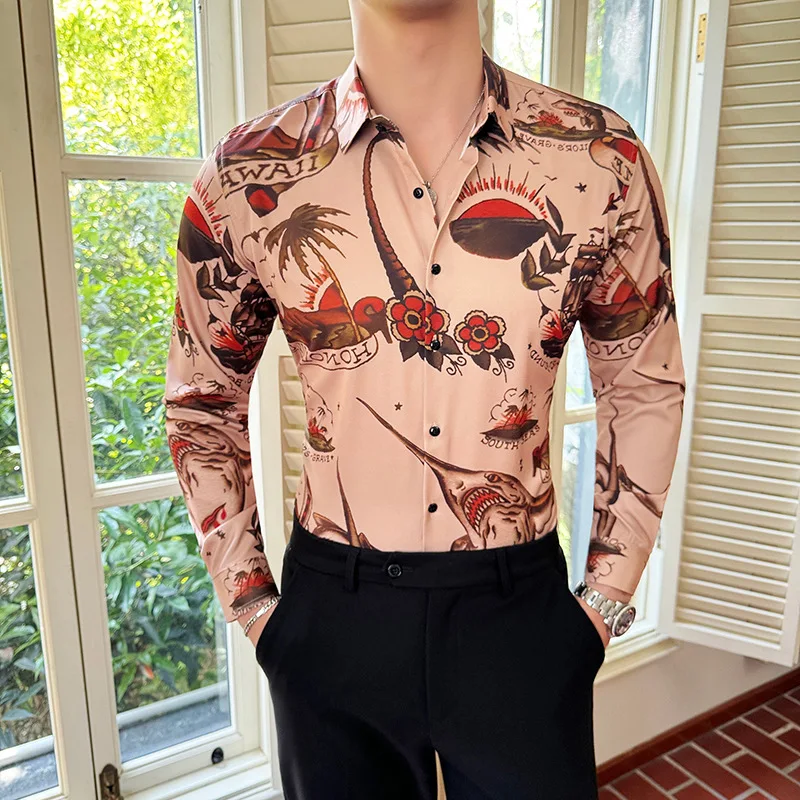 High-End Digitale Print Camisas De Hombre Business Casual Heren Shirt Met Lange Mouwen Herfst Lente Knappe Koreaanse Populaire Kleding