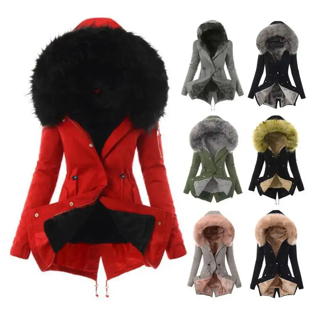 سترة نسائية من مزيج القطن مقاومة للرياح معطف شتوي مع جيوب بغطاء للرأس فروي وسحاب للإغلاق للطقس