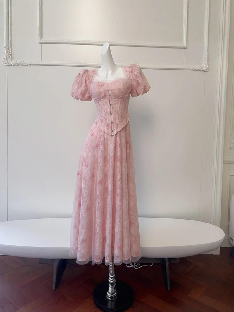 

Elegant Pink Vintage Bubble Sleeve Dress Slimming Waist Tie Belt High Class Women's Dress Romantic Gentle Lady Style Long Dress