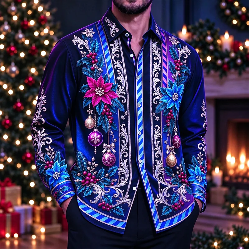 New men's shirt with red background, white deer snowflake cane, gold bell 3D printed pattern, Christmas shirt
