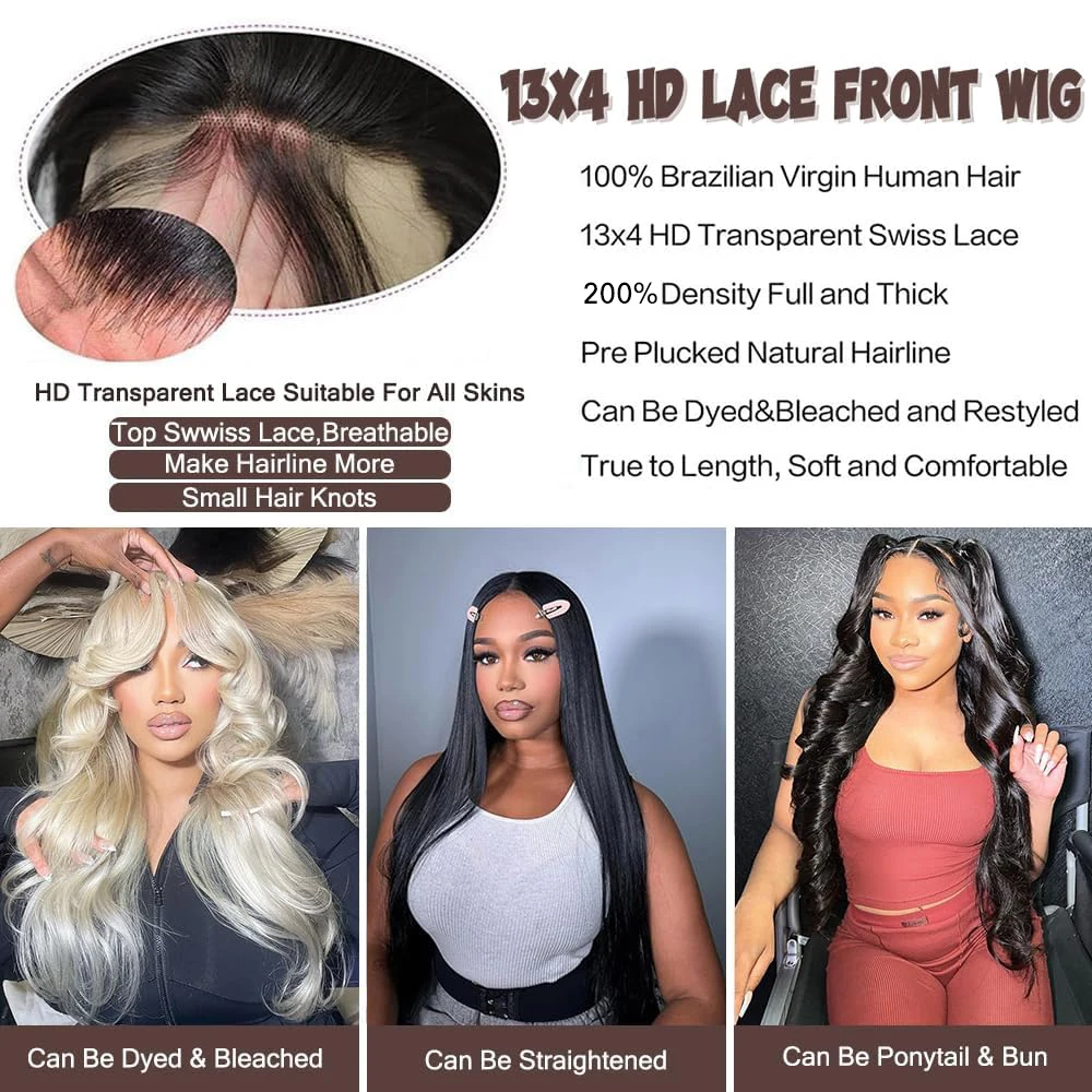 42インチ 13x4 ボディウェーブ レースフロント 人毛ウィッグ 女性用 生え際処理済み ルーズウェーブ 13x4 HDレースフロントウィッグ 密度200%