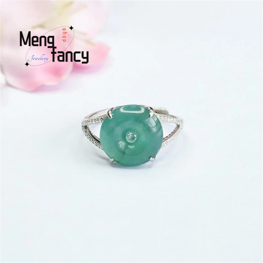 S925 Silver Lnlaid Natural Jadeite Ring Ice Blue Water Peace Buckle Exquisite Elegant Simple High-grade Luxury Quality Jewelry