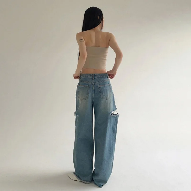 

Women's Jeanswomen's 2023 Summer New American Street High Waist Wide Leg Pants Loose Personalized Side Hole Washed Blue Jeans