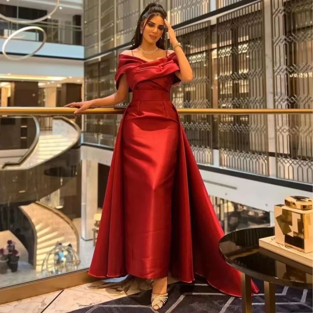 

Customized Fashion Backless Sexy Prom Dresses Off the Shoulder Sleeveless A-line Satin Gown With Sweep Train Formal Party Gowns