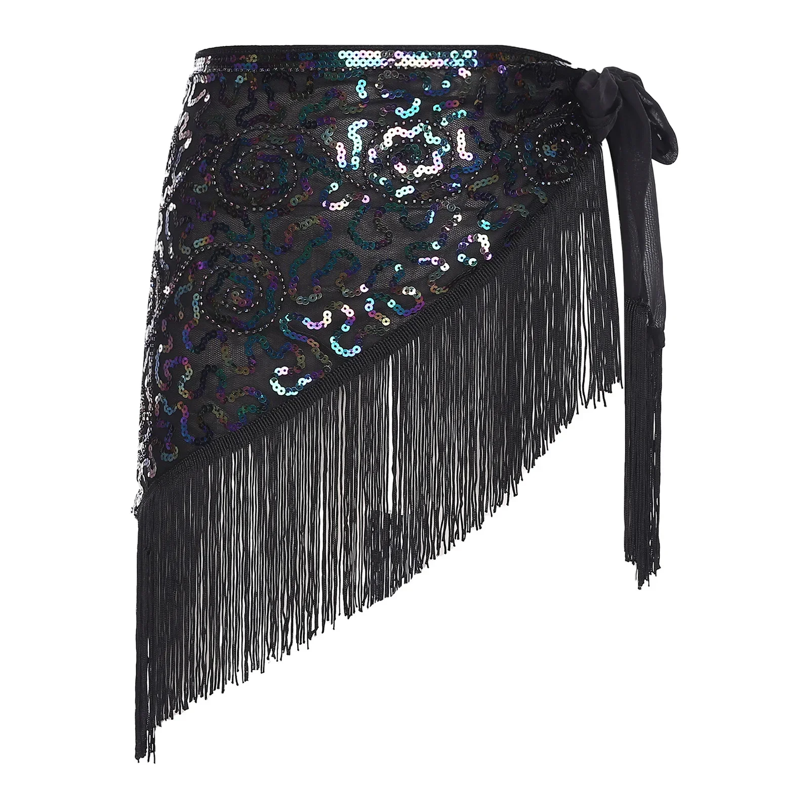 

Women Belly Dance Hip Scarf Belt Tassels Sequins Waist Chain Lace-Up Wrap Skirt Music Festival Stage Performance Show Costume