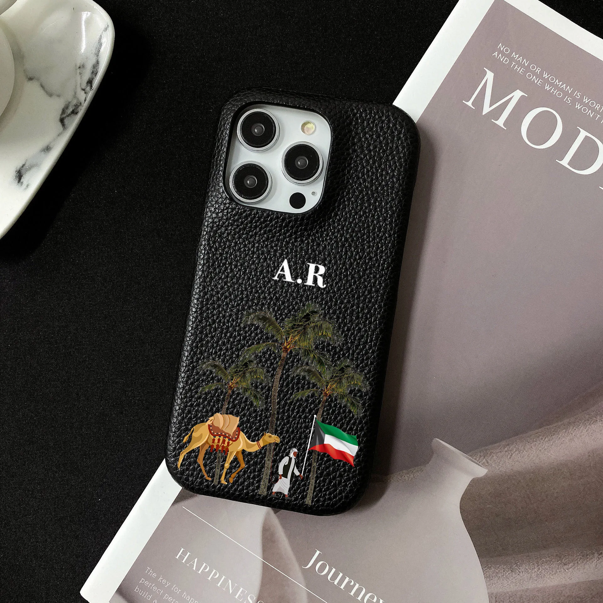 Kuwait Personalised Customized Name Leather Case For iPhone 16 15 14 13 12 11 Pro Max Initials Letters kafr saya Cover