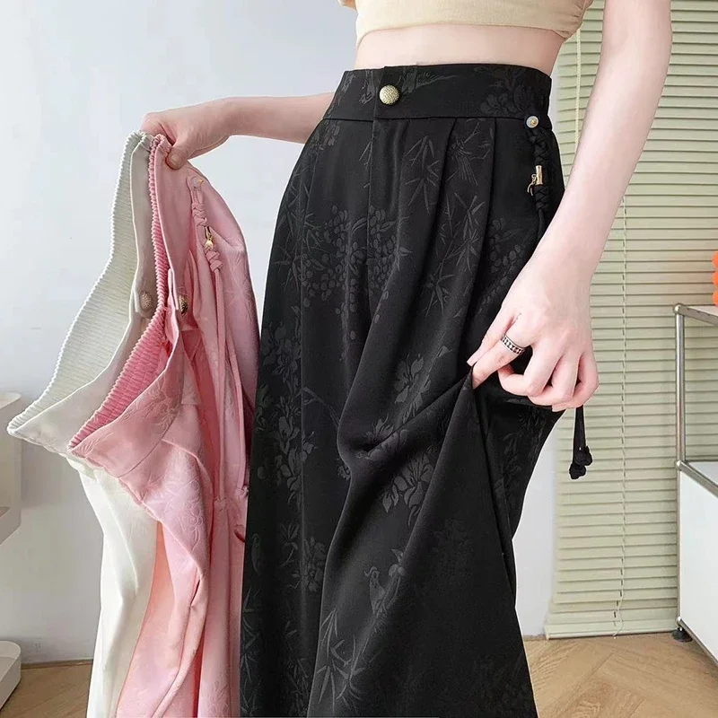 سيوليش 2025 ربيع وصيف جديد النمط الصيني الساتان بنطال ذو قصة أرجل واسعة عالية الخصر التطريز الكورية بناطيل فضفاضة غير رسمية الإناث #1
