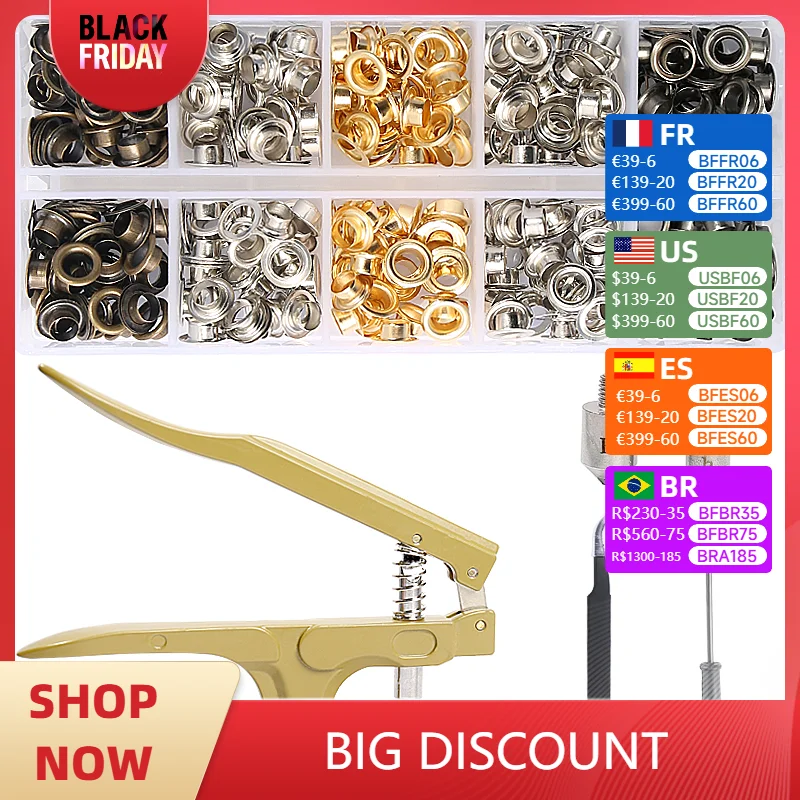 5mm/6mm/8mm/10mm Brass Eyelets with Multifunctional Pliers Kit Leather Grommet Round Eye Rings for Shoes Bag Belt Scrapbooking