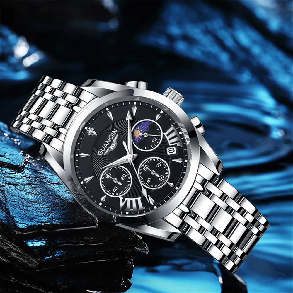 GUANQIN Stainless Steel Luxury Quartz Men's Watches Moon Phase Waterproof Sapphire Watch for Men Rhinestone Luminous Chronograph