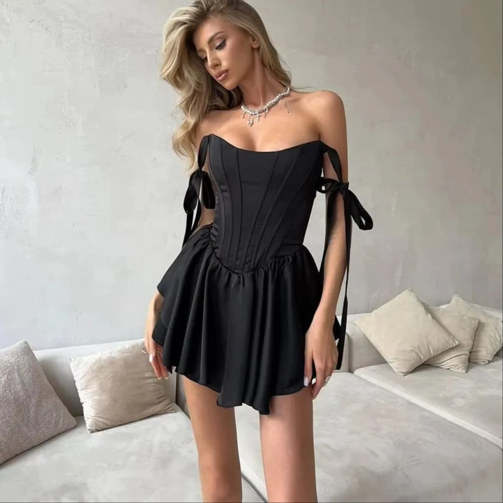 Summer Fashion Women Sexy Camisole Mini Dress Solid Camis Tie up Short Dresses Silm Fishbone Shirt Coquette Casual Y2k Clothes