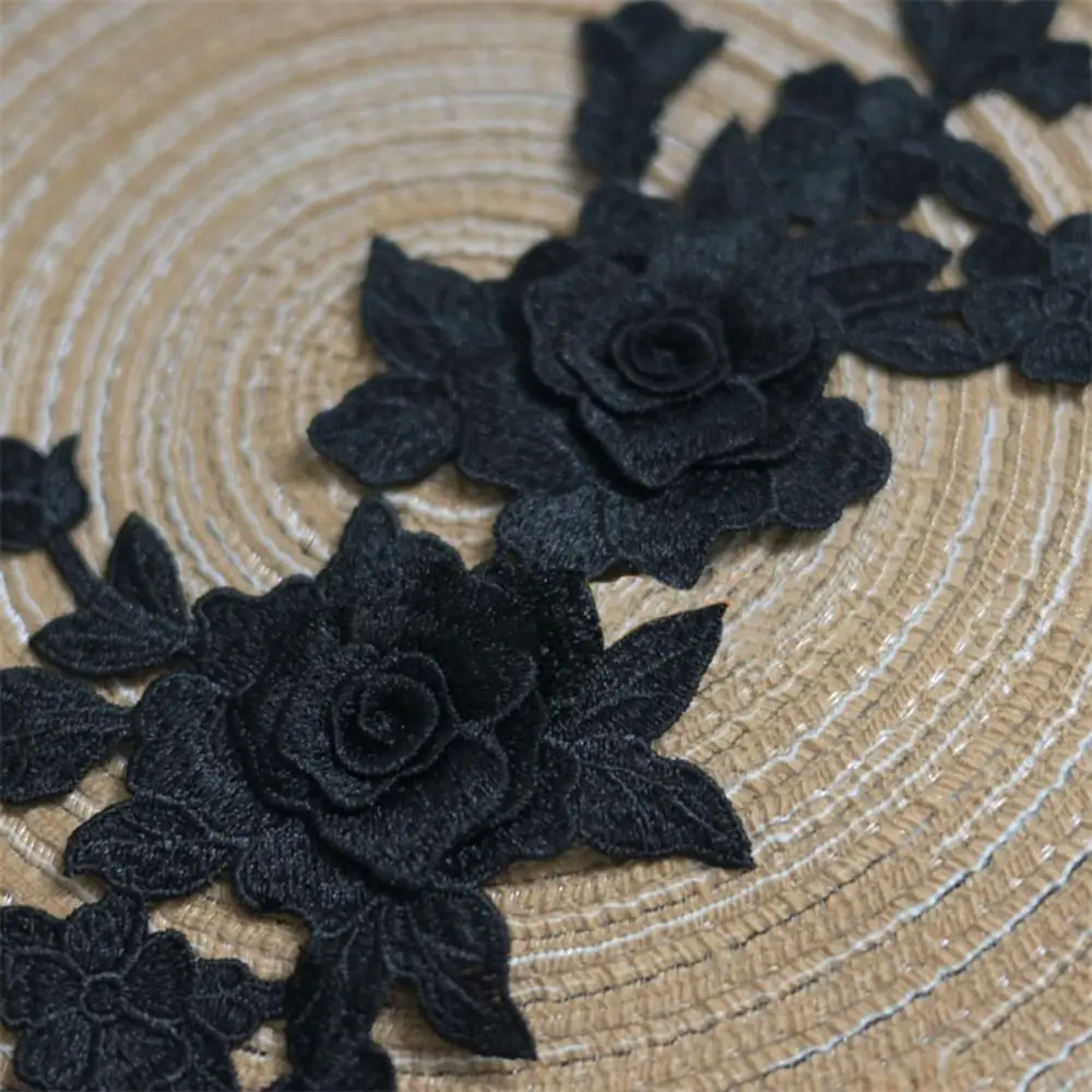 Black White 3D Roses Flowers Embroidery Sew On Patches Sewn Applique Embroidered DIY Clothes