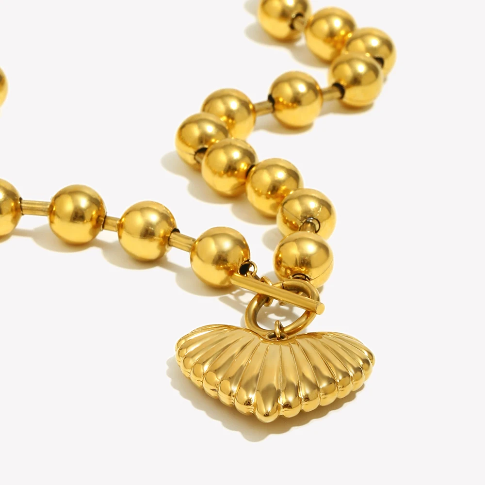 E.B.belle Striped Heart Necklace OT Buckle Large Size Round Beads Chain 18K Gold Plated Stainless Steel Women Jewelry