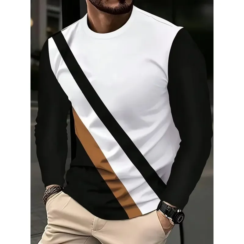 3D Printed Casual Long Sleeve New Men's Autumn Patchwork Striped Creative Print Comfortable Soft Round Neck T-Shirt Outdoor