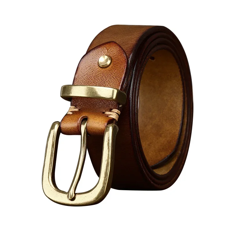 Retro Washed Italian Top Layer Cowhide Leather Belt, Men's Copper Buckle, Korean Version New Trendy Belt