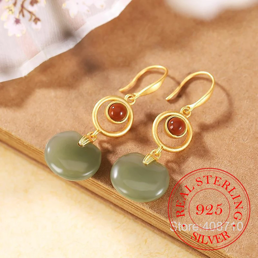 925 Sterling Silver Jewelry Vintage Luxury Natural Jade Agate Drop Earrings for Women Wedding Party Jewelry Girls Friends Gift