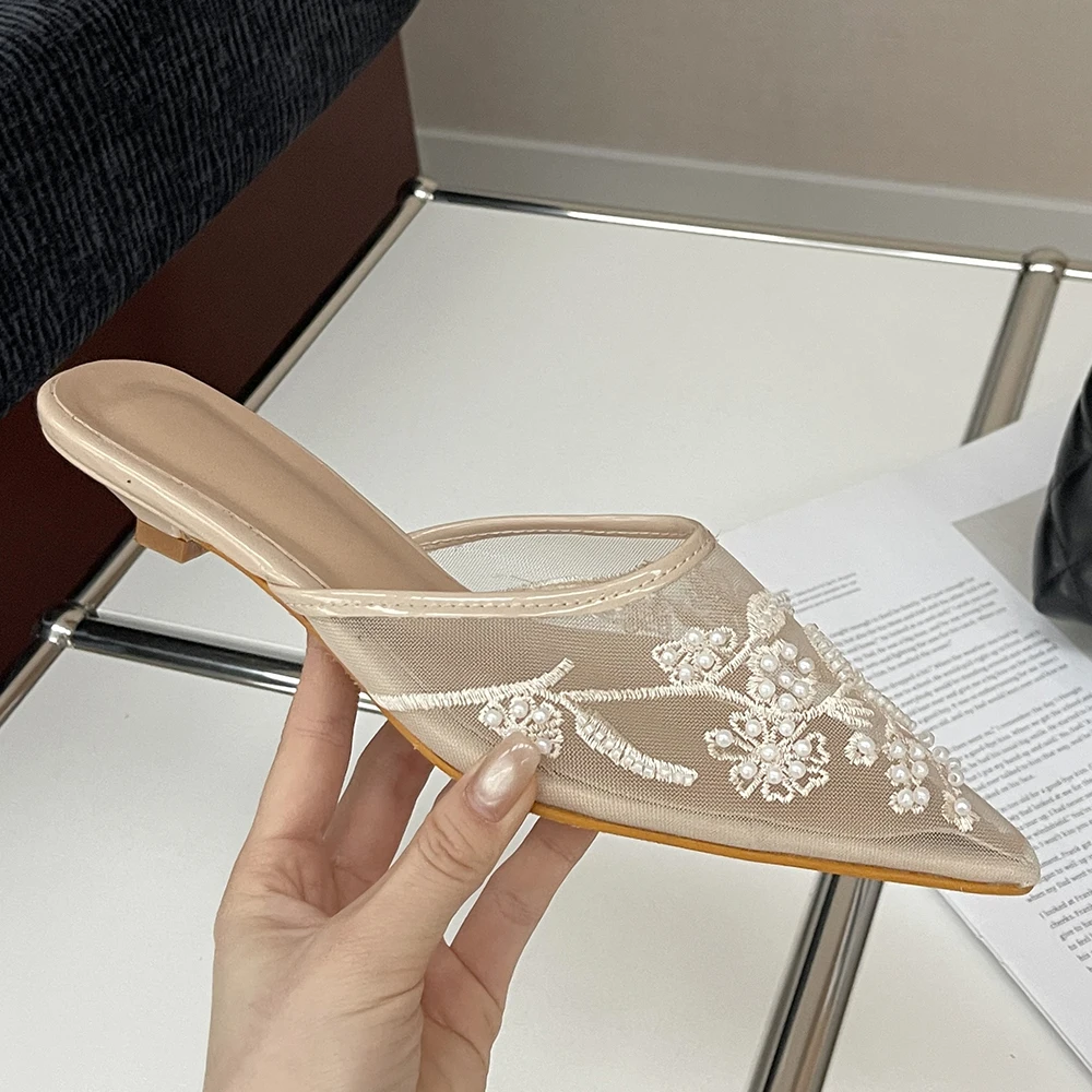 

Female Mules New Fashion Mesh Pointed Toe Black Ladies Slippers Shoes Embroidered Women Low Heel Slippers Shoes Sandals Slides