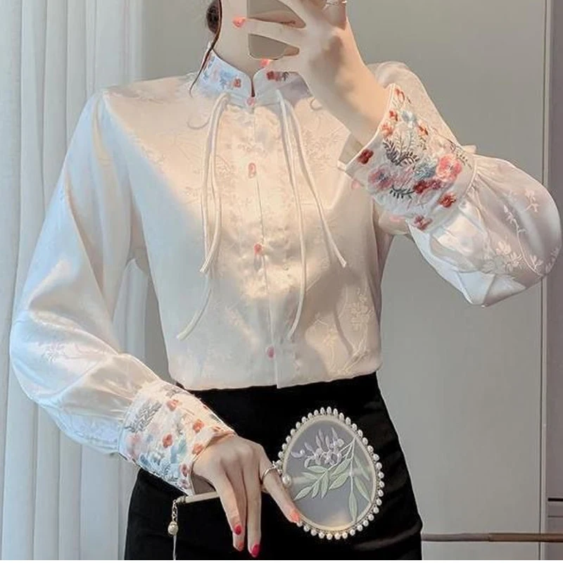 Spring Autumn Stand Collar Long Sleeve Shirt Women High Street Vintage Embroidered Button Cardigan Elegant Jacquard Weave Tops