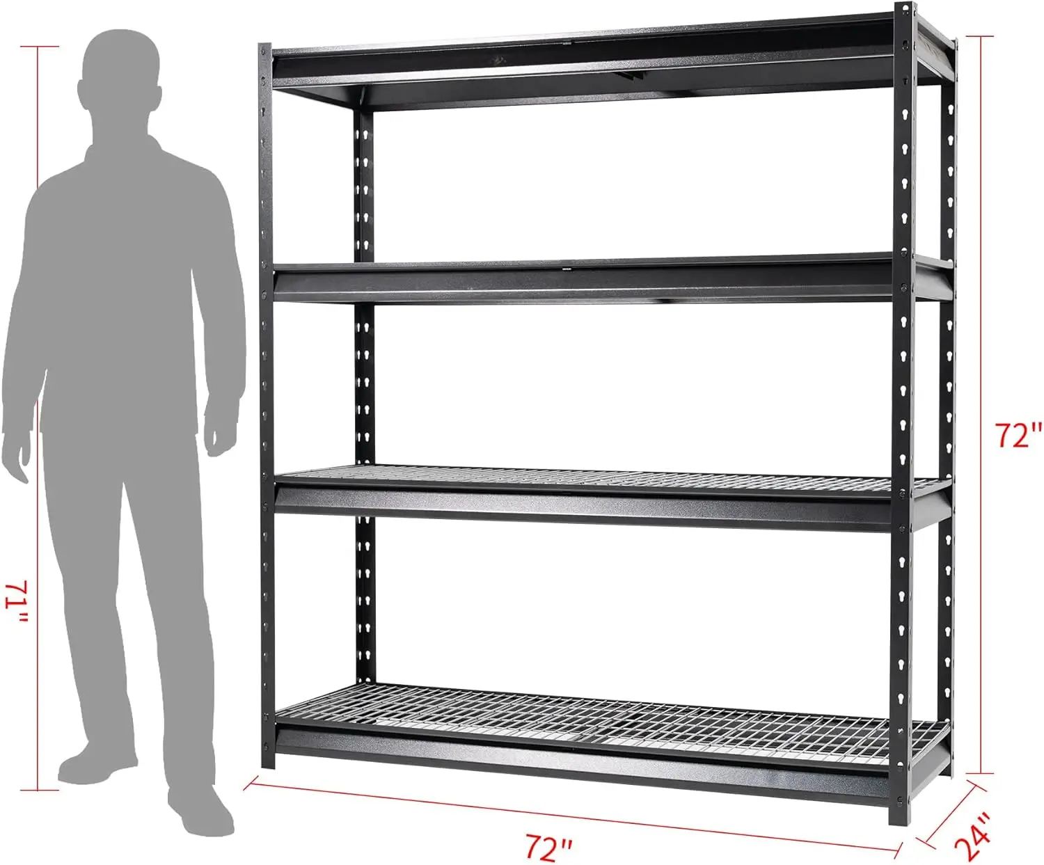 72" W Metal Garage Shelving Unit Load 12000 Lbs, 4 Tier Heavy Duty Storage Rack, Adjustable Industrial Shelves