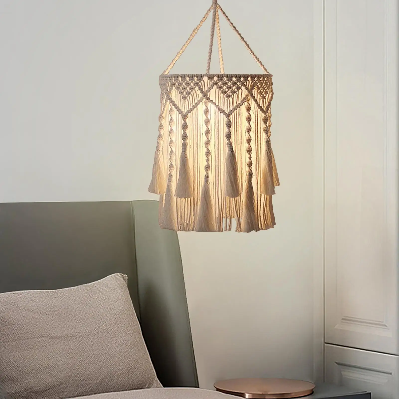Lampshade Boho Hanging Pendant Light Cover Handmade Macrame Fixture Bohemian Decor Tassel Design suitable for home kitchen