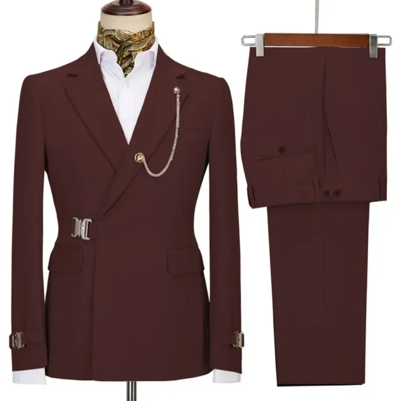 2 Pieces Green Belt Design Double Breasted Mens Suits Coat Pant Latest Design Wedding Suits Groom Prom Tuxedos Blazer Set