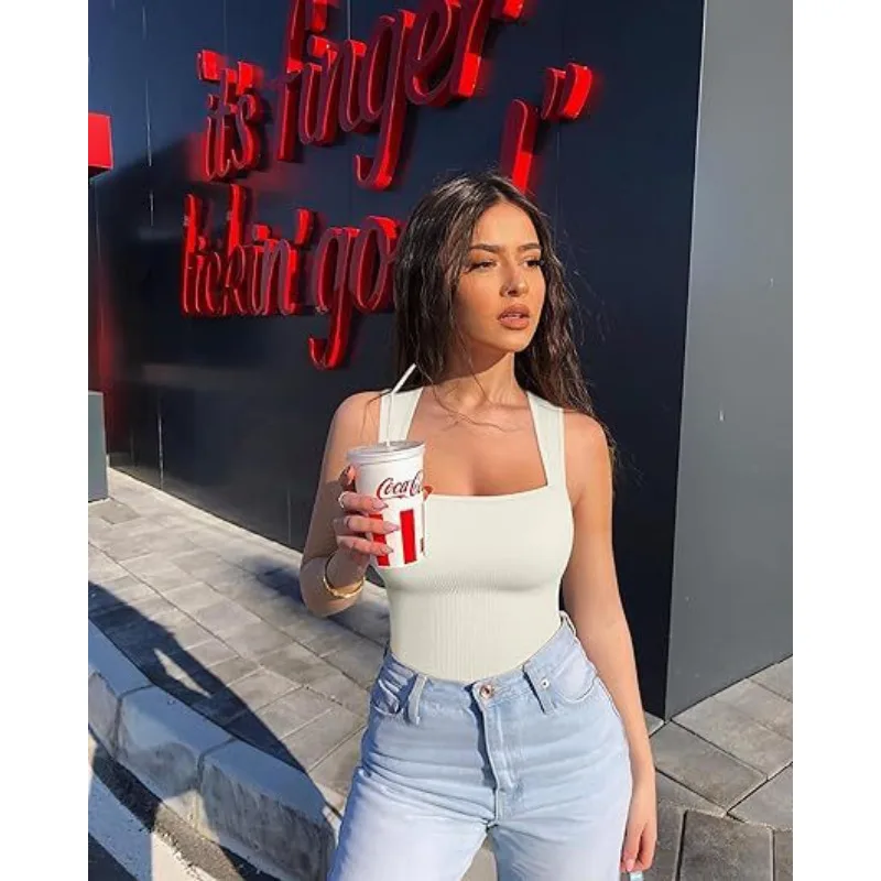 Body de mujer acanalado con cuello cuadrado, sin mangas, sin costuras, tipo top, moldeador, control de figura, estilo casual urbano Y2K, ¡Gran oferta!