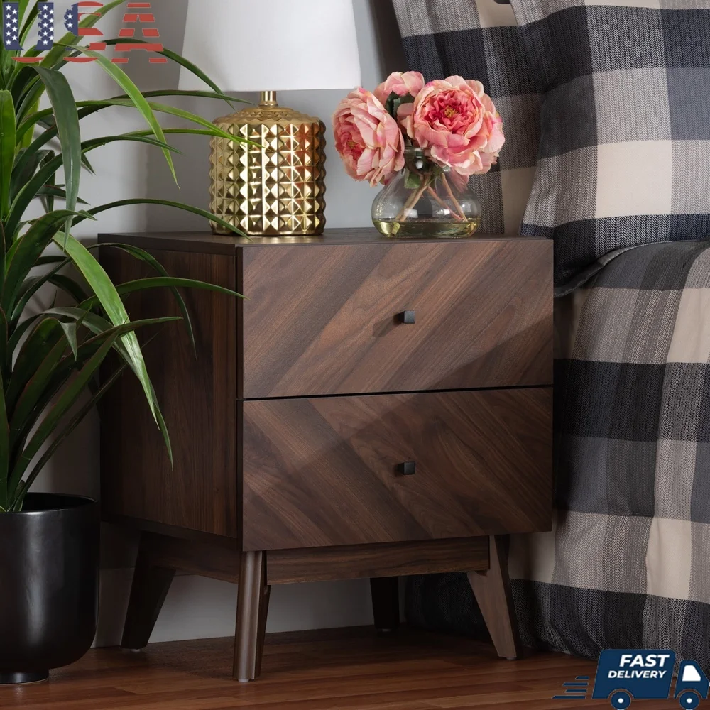 

Mid-Century Modern Walnut Brown Wood Nightstand with 2 Drawers Bedroom Storage Assembly Required Stylish Design