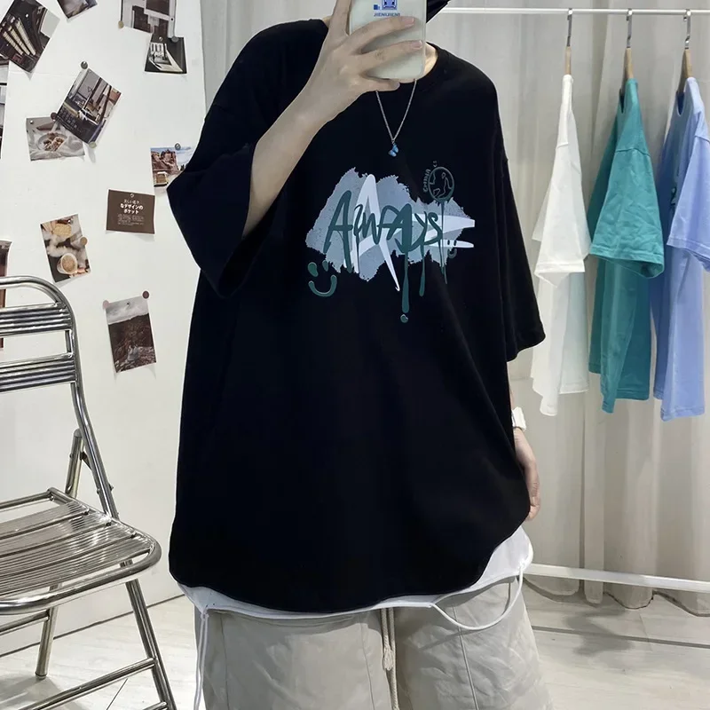 Cotton Short-sleeved Oversized T-shirt For Men In Summer Harbor Style Ins Fashion Brand Fire Letter Five-point Sleeve Streetwear