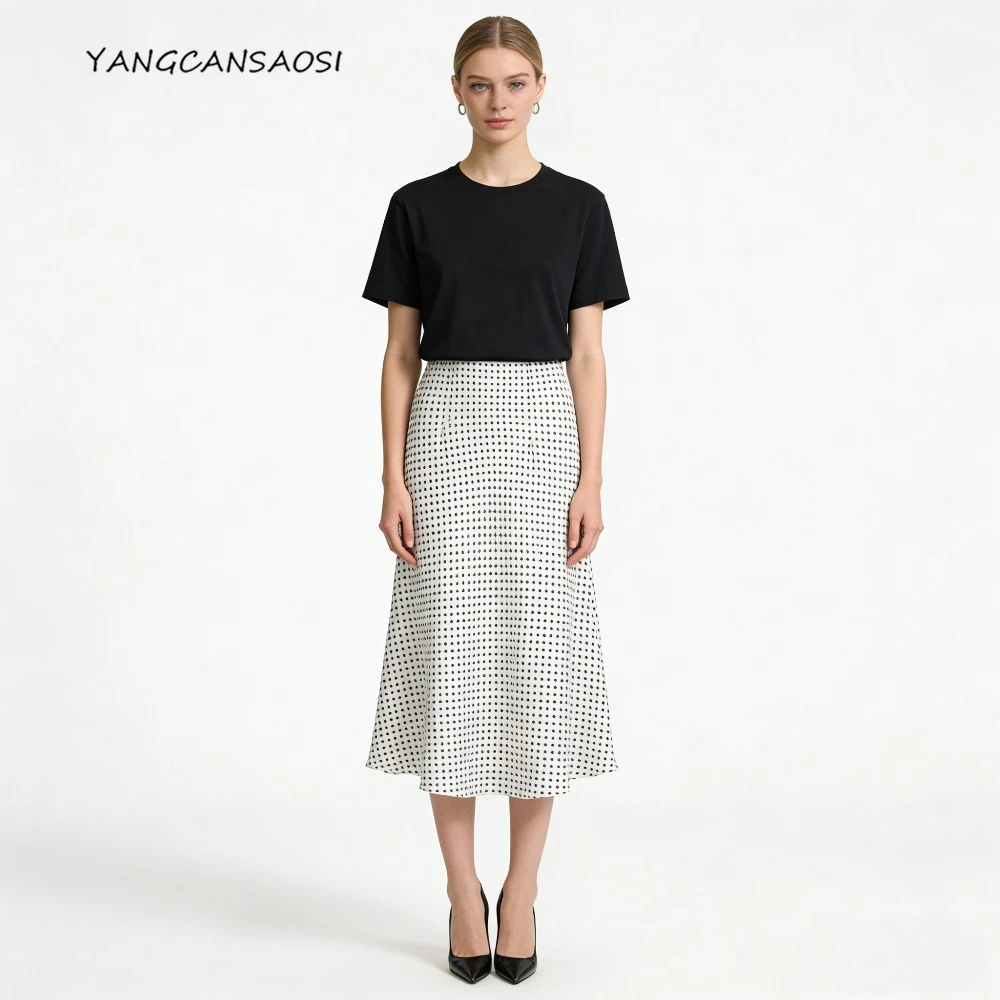 

Heavy 100% Natural Mulberry Silk Satin Skirt, Women's High Waisted Slim Fit White Polka Dot Commuting Fishtail Skirt, 2026 New