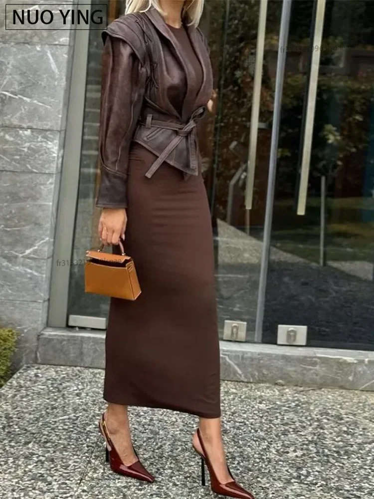 سترة جلدية نسائية قصيرة مع حزام ، ياقة مطوية لأسفل ، معطف دراجة نارية بأكمام طويلة ، ملابس خارجية شتوية دافئة للسيدات ، موضة الشارع