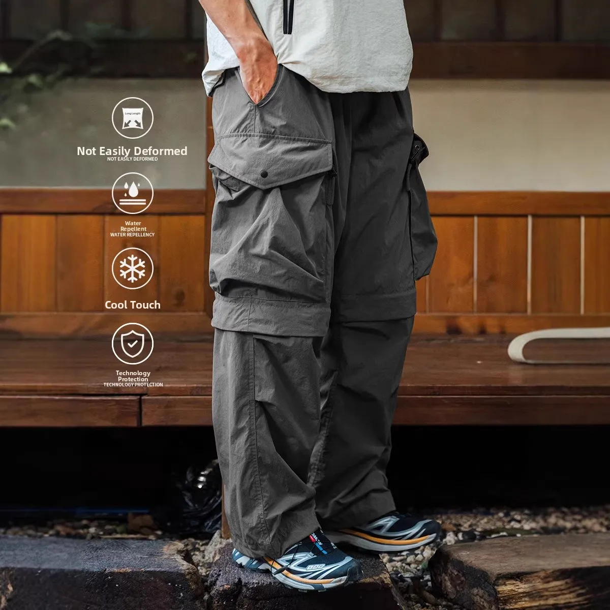 

Men's Loose Straight Leg Outdoor Workwear Pants Qui Dry Removable kets Tee-Proof mid Waist Nylon Casual Trousers