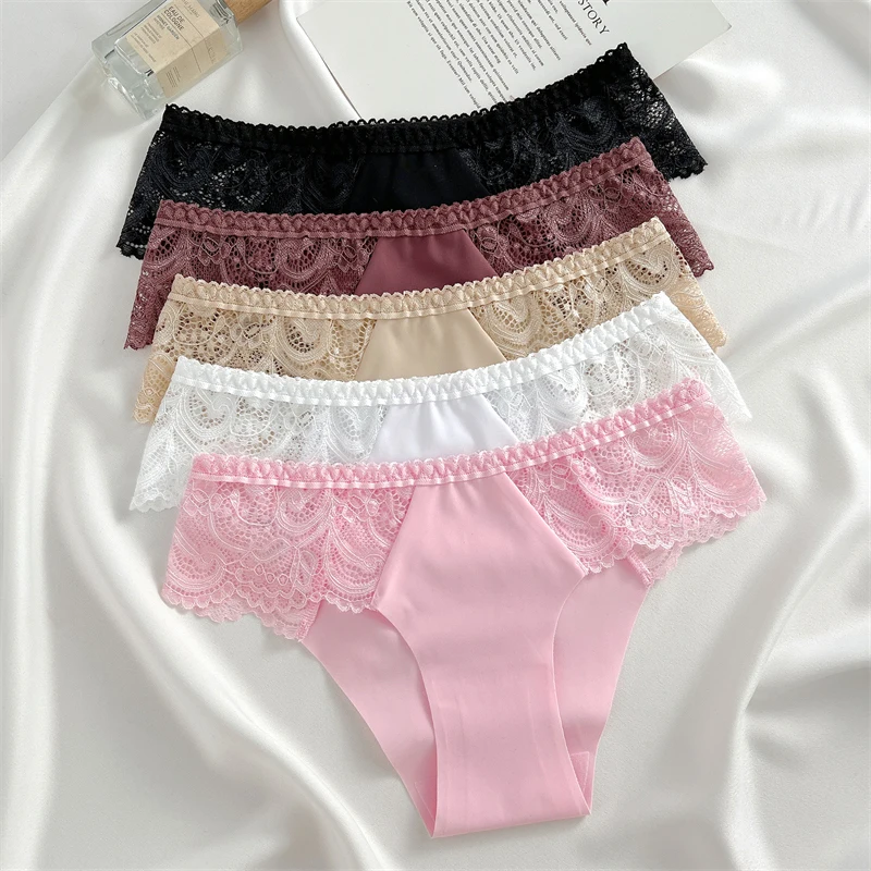 FINETOO 3Pcs Seamless Women Comfort Underwear Sexy Lace Hollow Out Briefs Girls Low Rise Sport Panty Soft Breathable Lingerie