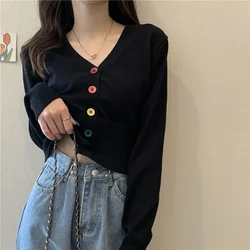 Rainbow Color Button Short Long Sleeve Sweater Women Sweet Knitted Cardigan Autumn New Female Korean Fits V-neck Outer Jacket