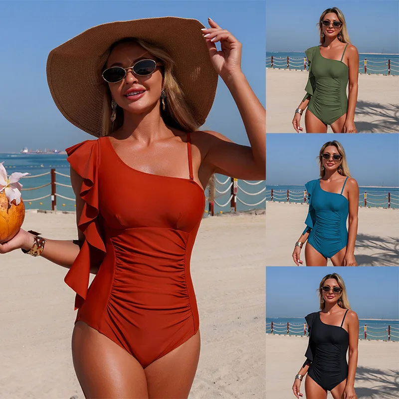 

2026 One Shoulder Monokini Nylon Spandex One Piece Swimsuit Sexy Asymmetric Design Summer Holiday One Shoulder Bodysuit Swimwear