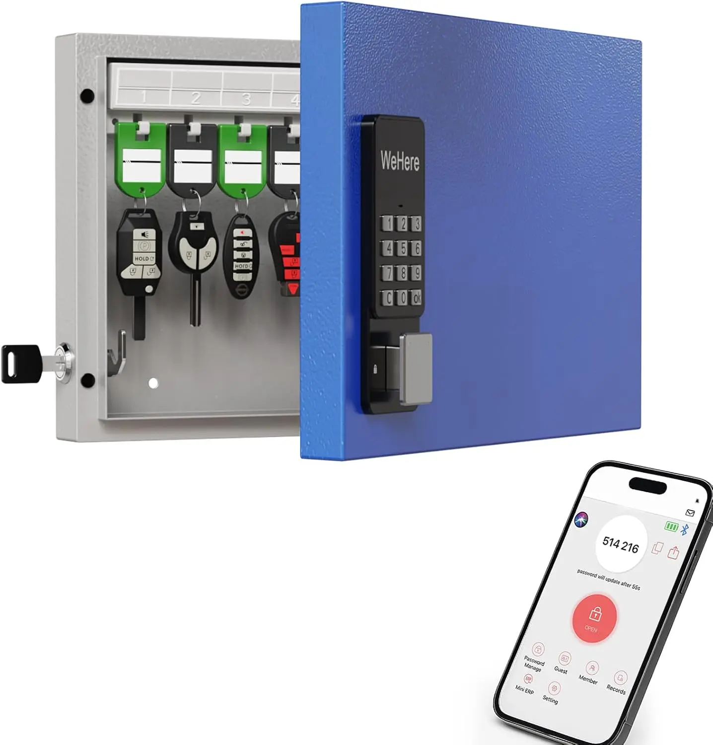 

Smart Key Safe Box(16 Keys), Smart Wall Mount Key Cabinet with Key Tags, OTP/APP/Fixed Code Unlock, Security Storage Key Holder