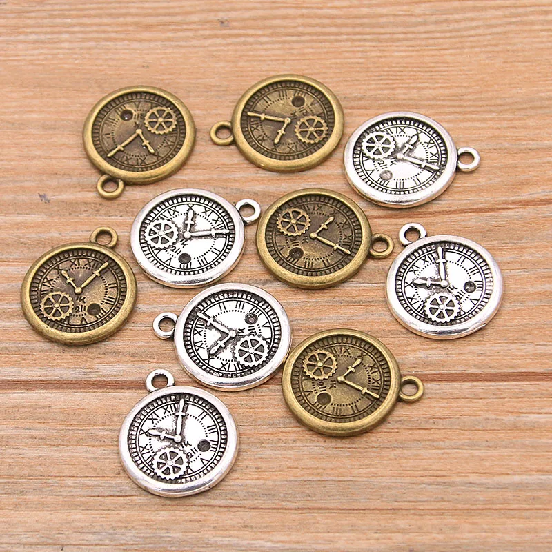 10PCS 18*21mm Two Color Vintage Metal Zinc Alloy Round Steampunk Clock Charms For DIY Necklace Bracelet Jewelry Making Findings