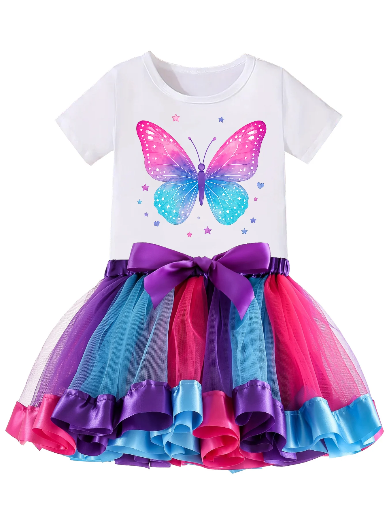 Kids 2Pcs Outfit Rainbow Butterfly Print Short Sleeve Cotton T-shirt + Purple Pink Blue Layered Tulle Tutu Skirt Girls Birthday
