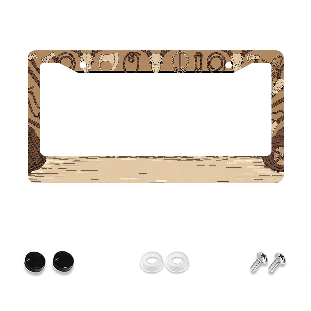 1pc Retro Brown Deer Skull Pattern 2-Hole License Plate Frame Aluminum Material 6x12 Inches with Screw Kit Car Decoration Gift