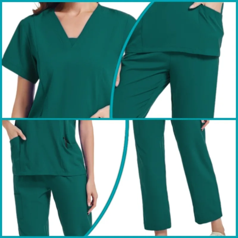 Stretch Scrub Top e bolso Calças, Uniforme de enfermeira, Conjunto de esfrega clínico, Uniformes de cirurgia médica, Dentista e esteticista Workwear, Novo