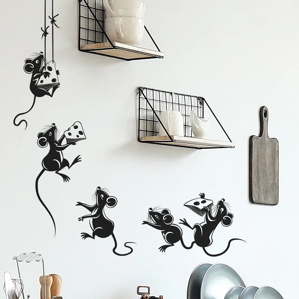 Naklejki ścienne Cartoon Mouse Stealing Cheese do kuchni Dekoracja restauracji Mural Pokój Szafka Home Decor Samoprzylepne naklejki