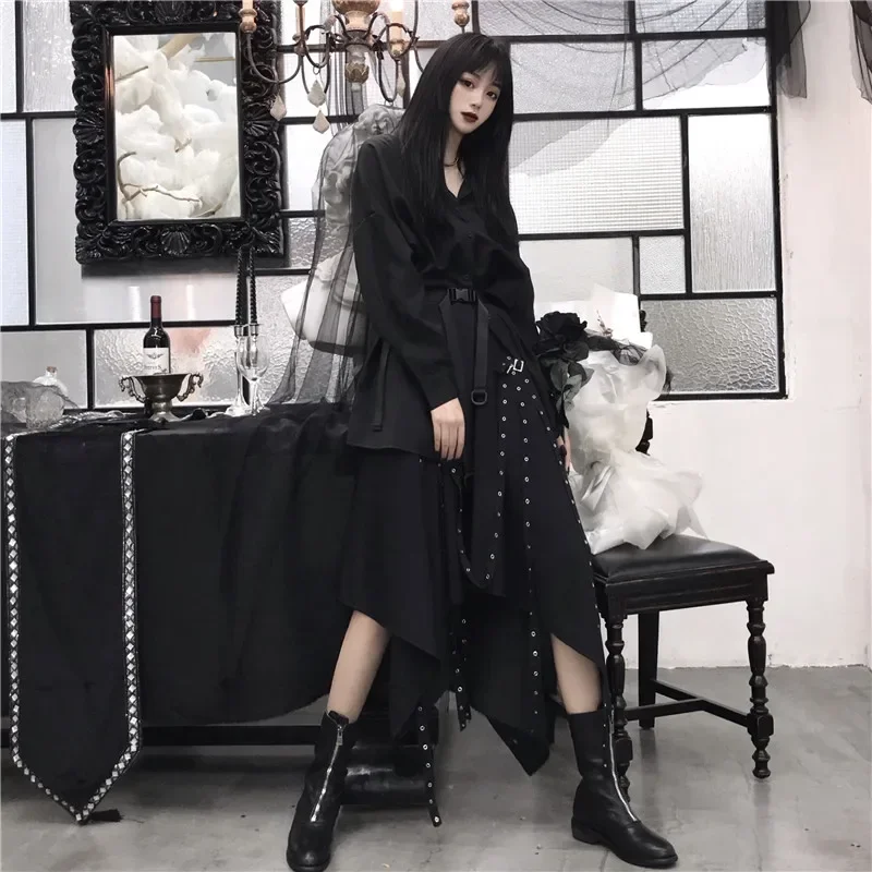 Gothic ผู้หญิงไม่สม่ําเสมอ Cargo กระโปรง Punk Streetwear หลวม Midi กระโปรง Y2K ฤดูร้อนแฟชั่นหญิงกระโปรงจีบสีดํา