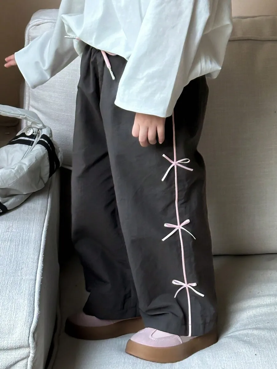 

Girls' Wide-Leg Pants with Pink Ribbon Bows, Casual Loose Fit for School