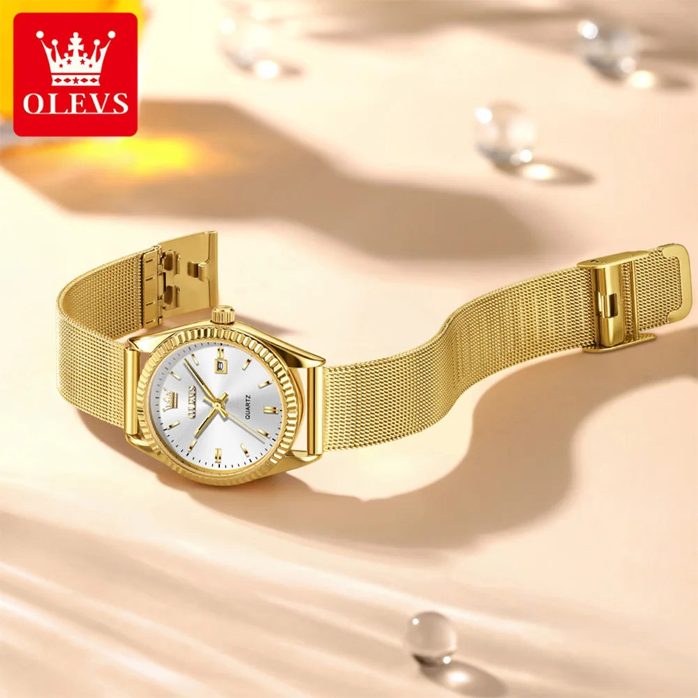 OLEVS 5692 Fashion Quartz Movement Watch Women Chronograph Date Display Classic Fluted Bezel Mesh Strap 30m Waterproof Watch